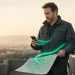 Außendienstmitarbeiter am Auto hält Smartphone und entfaltet eine Europakarte, aus der ein grünes Lichtband in das Gerät übergeht.