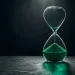 Sanduhr im Nahaufnahme, aus der letzte gruene Sandkoerner durch das Nadeloeher rieseln — das obere Kammer fast leer.
